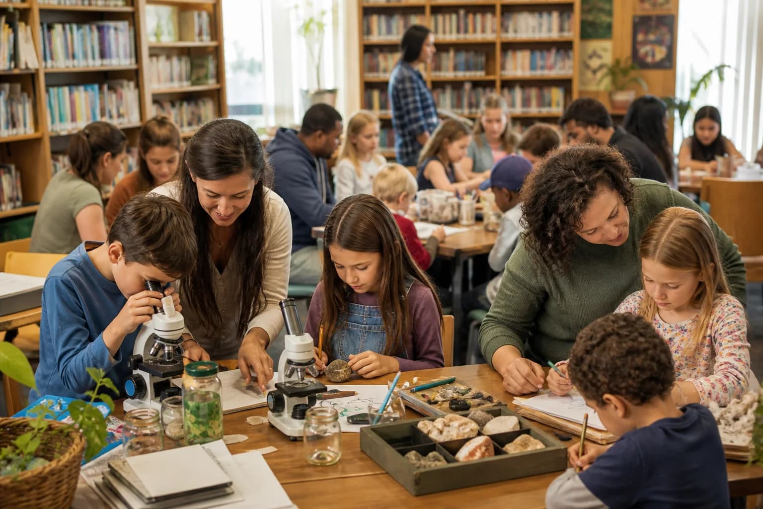 Families sharing hands-on science activities at a homeschool co-op