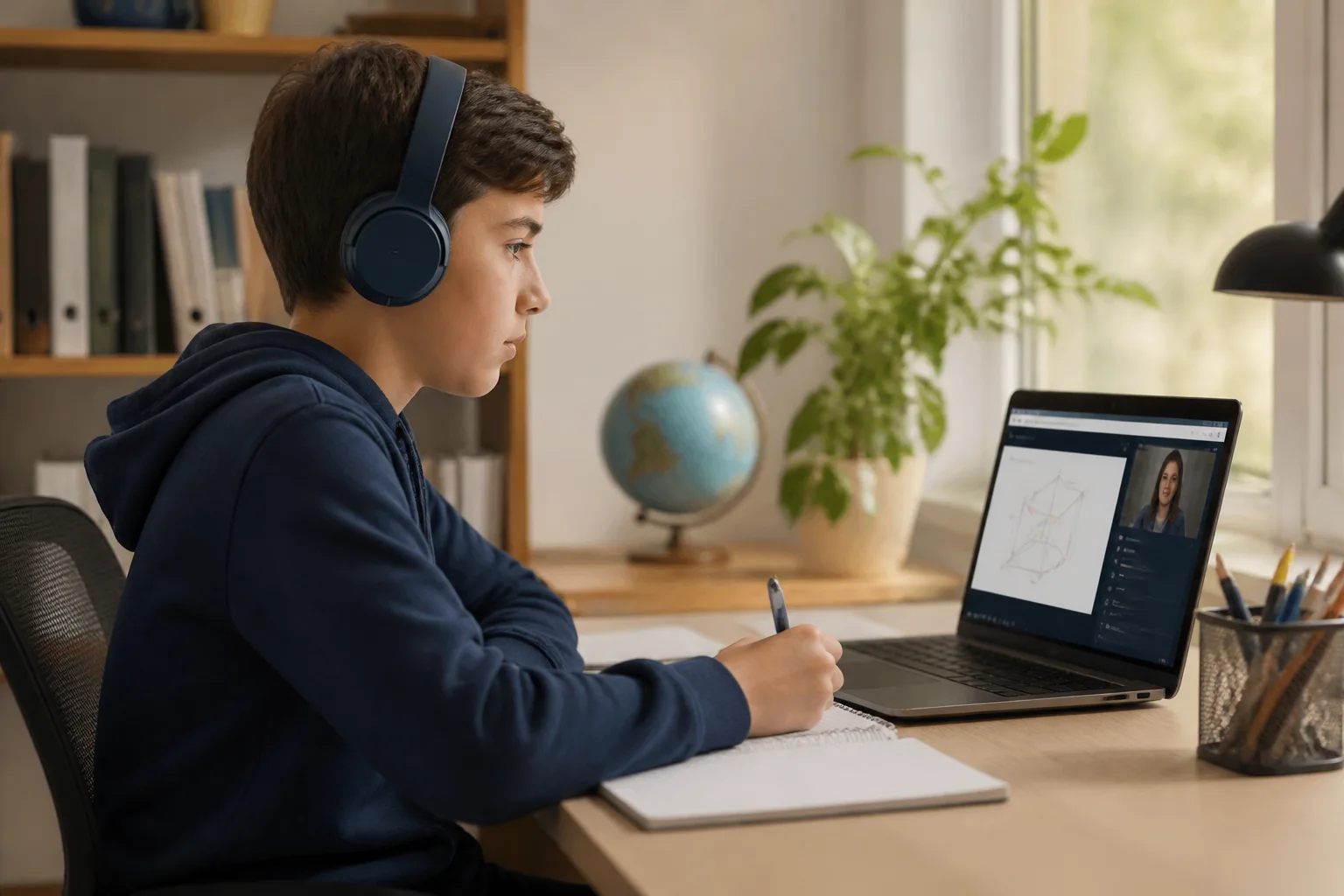 Student taking a structured online homeschool lesson at a home desk