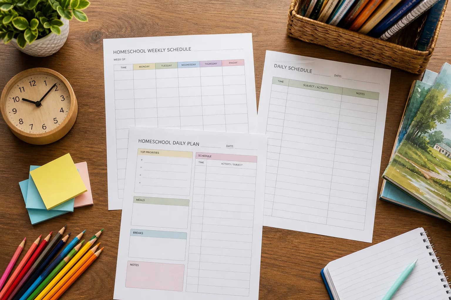 Customizable homeschool schedule templates with a clock and colored pencils