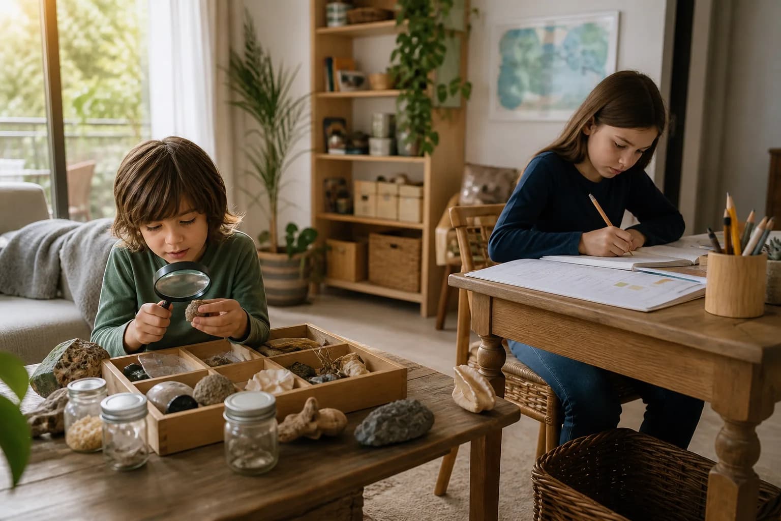 Children learning through independent exploration and structured workbook study