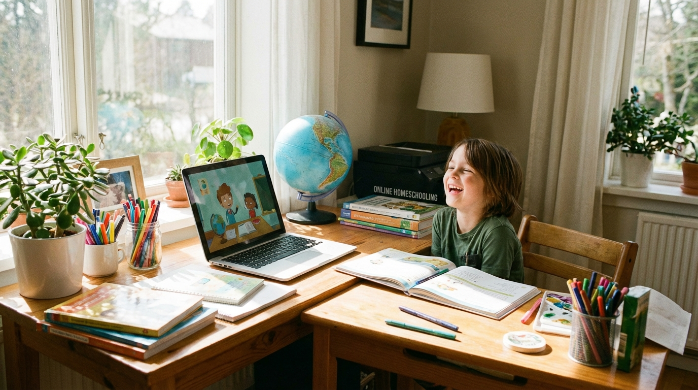Happy child learning online with laptop and colorful educational materials in bright home study space