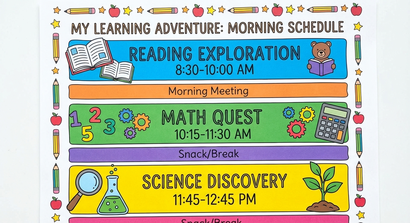 Elementary homeschool schedule template showing morning blocks for reading, maths, and science