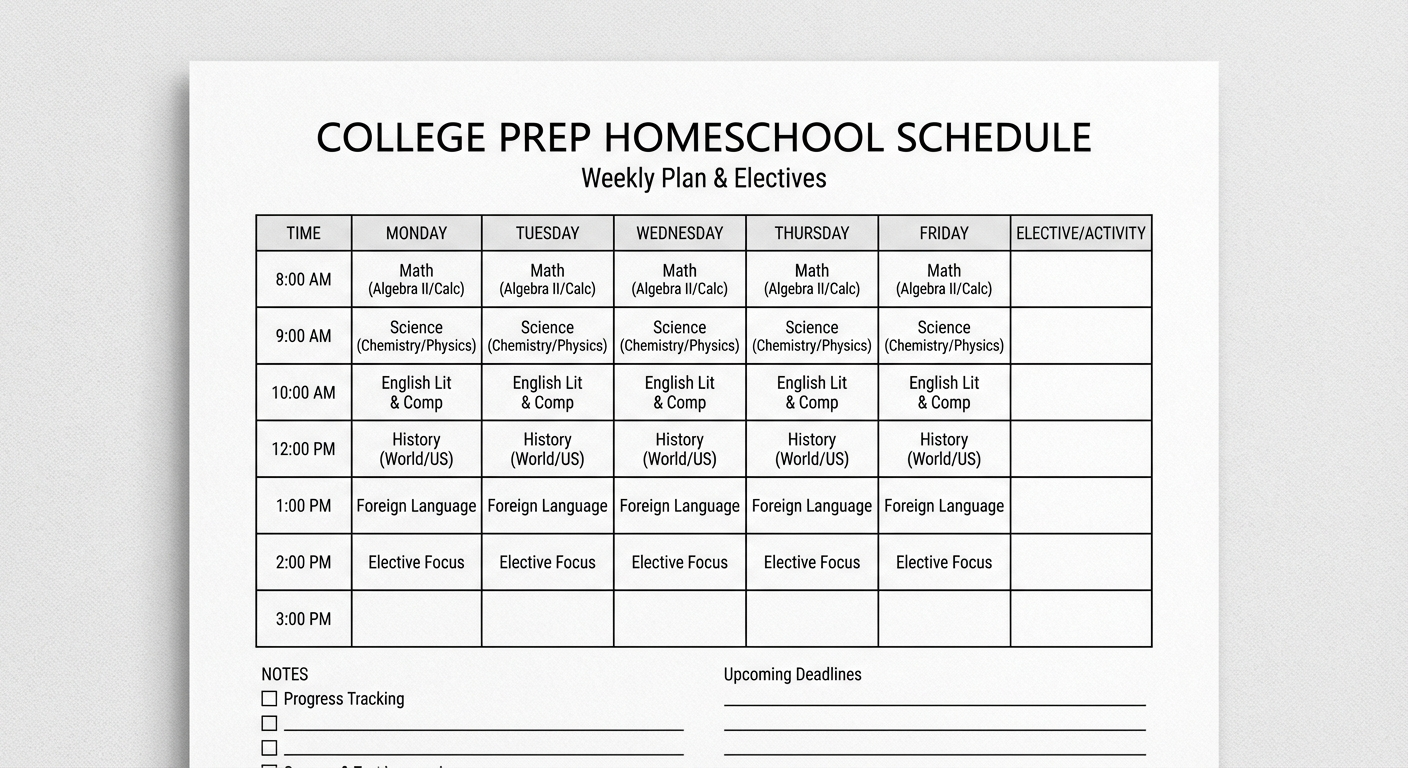 High school homeschool schedule template showing college prep subjects and elective blocks