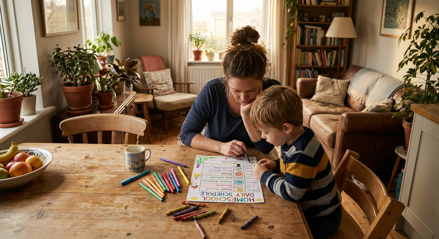 Parent and child reviewing a homeschool daily schedule template at kitchen table