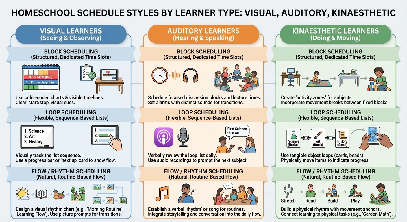 Different homeschool schedule adaptations for visual, auditory, and kinaesthetic learners