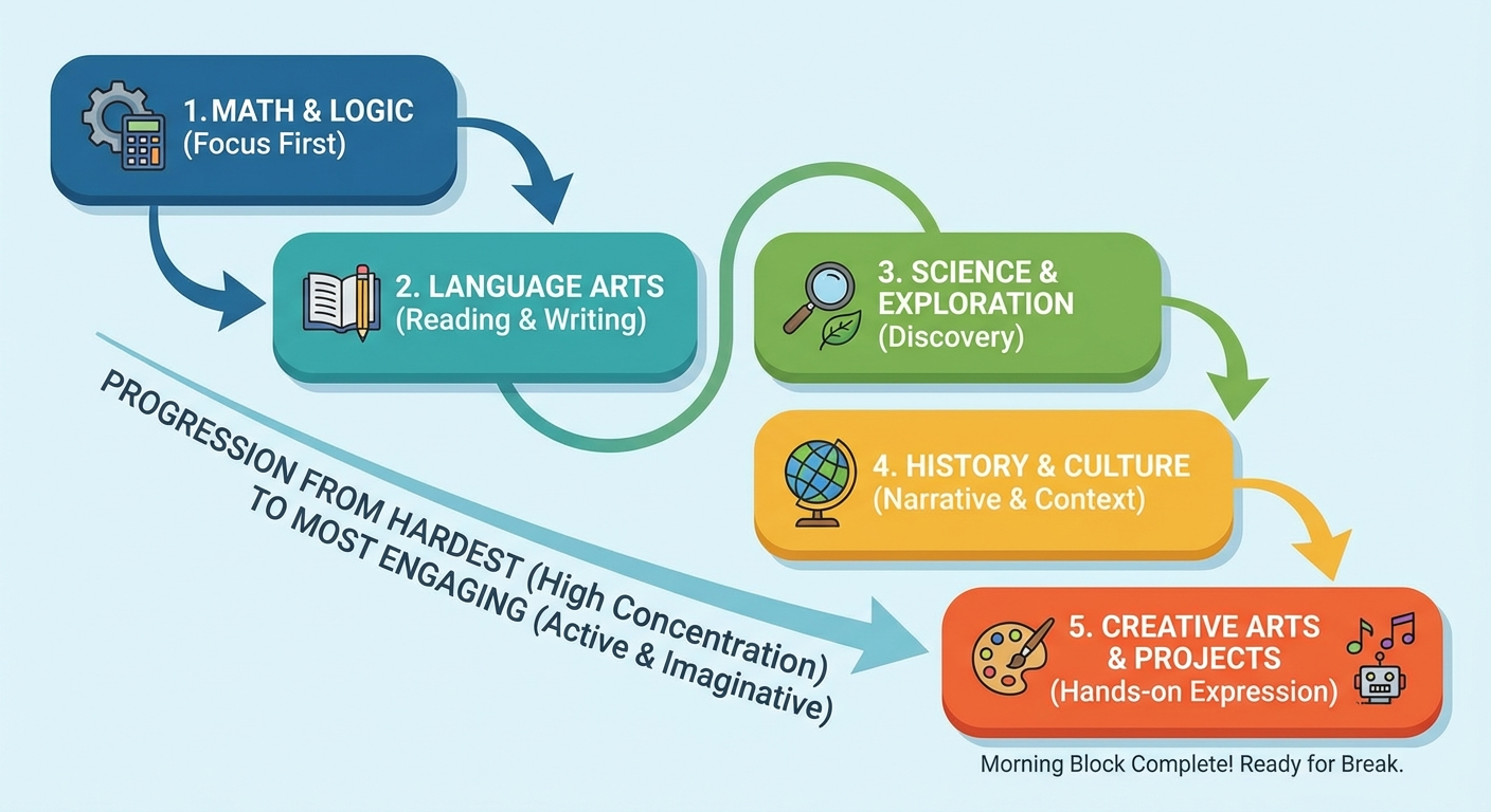 Homeschool morning block structure showing how to order subjects for maximum focus and retention