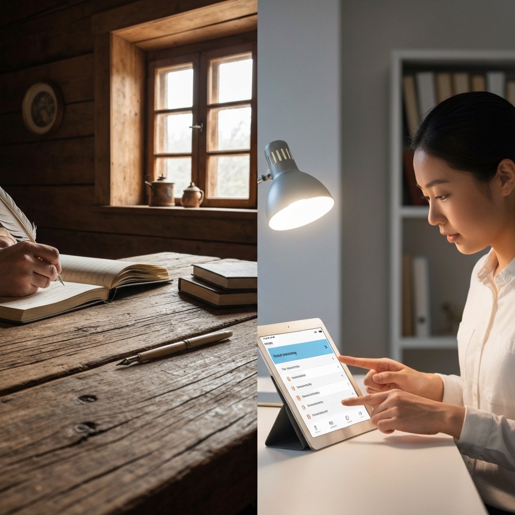 A split-screen image showing a physical planner on one side and a digital record-keeping app on a tablet on the other.
