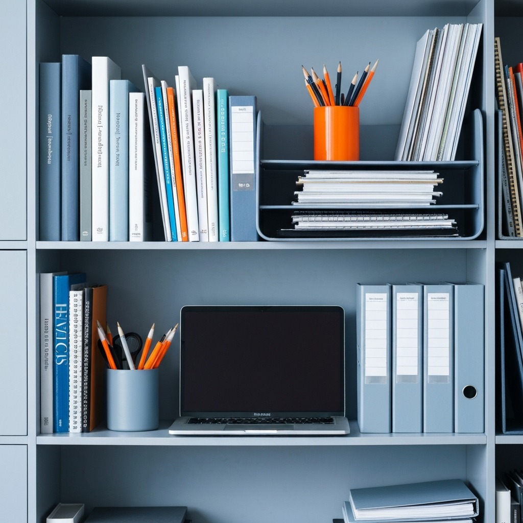 A shot of a well-organized shelf with labeled binders for each school year.