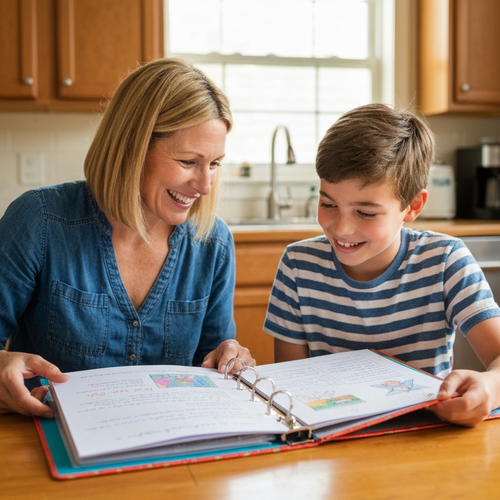 A parent and child looking through a homeschool portfolio binder.