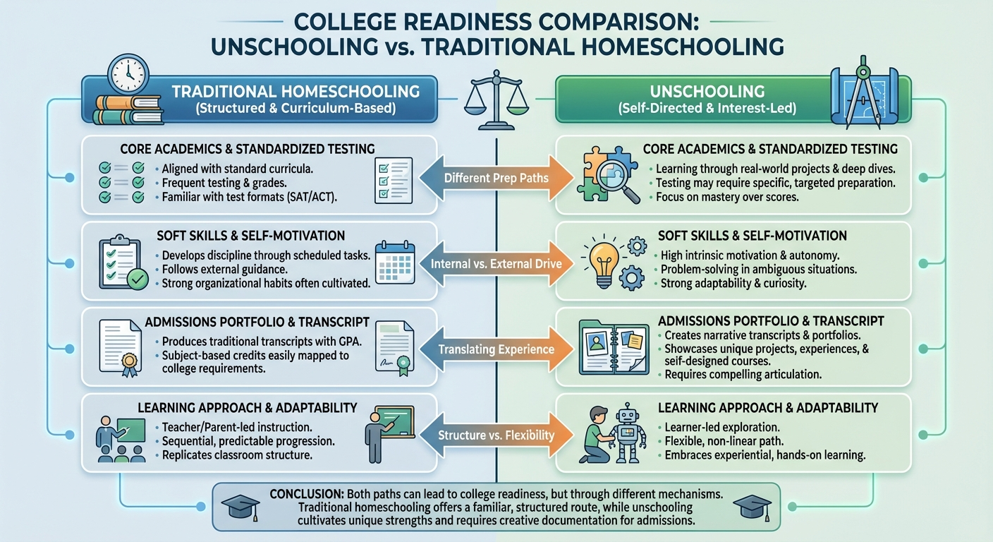 Homeschool student working on a college application with standardized test prep materials nearby