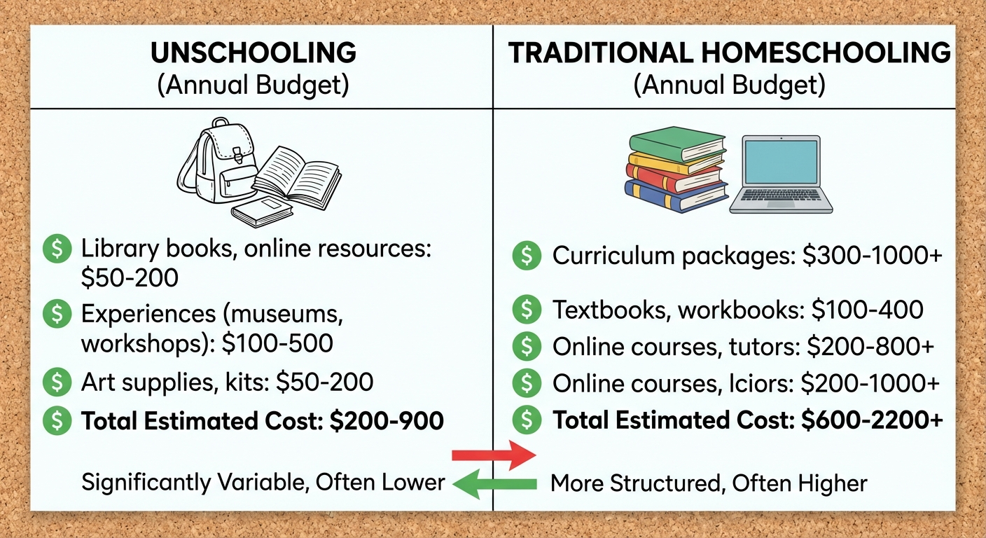 Comparison of homeschool curriculum costs with books, supplies, and a calculator on a kitchen table