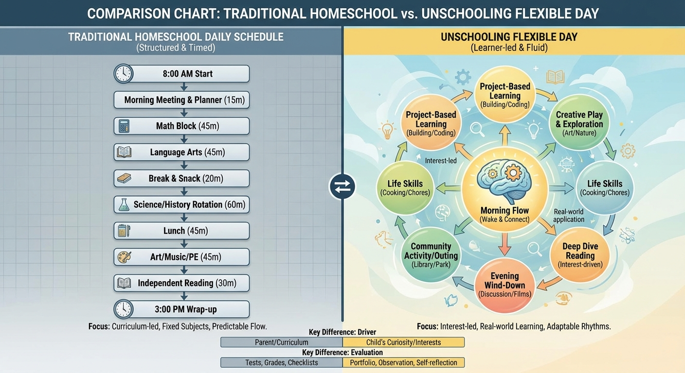 A structured homeschool morning routine with a planner, textbooks, and a clock showing scheduled learning blocks