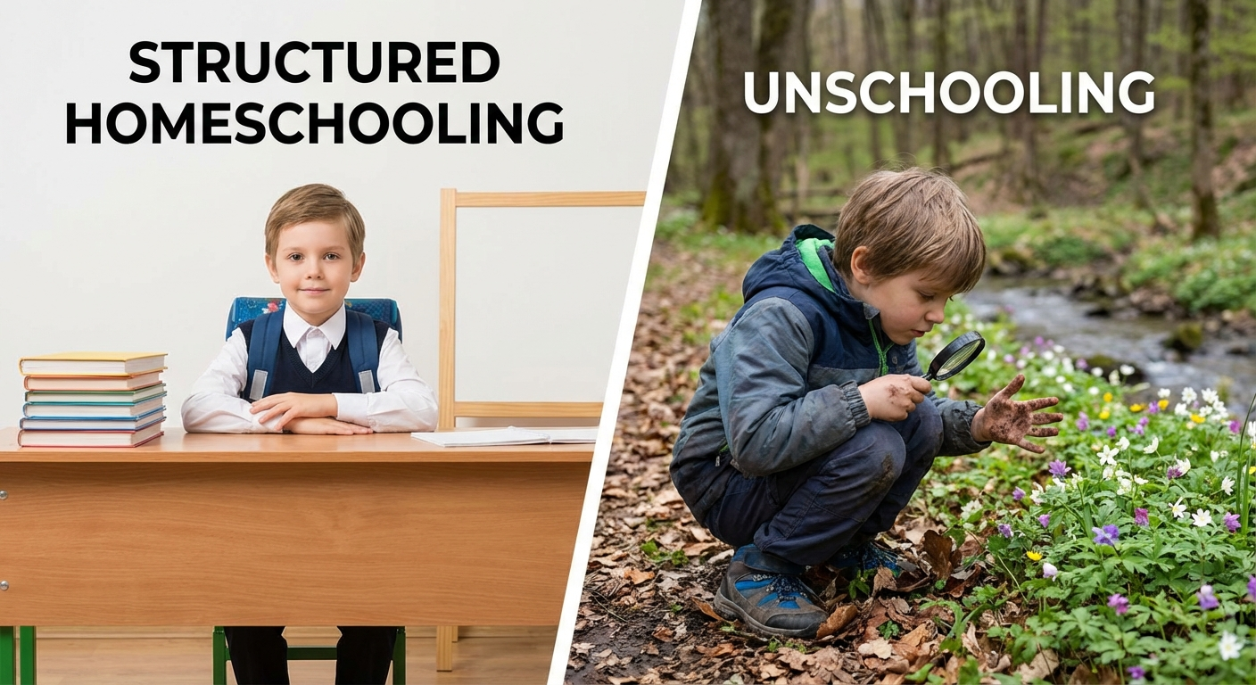 Side-by-side comparison of unschooling and traditional homeschooling approaches with families learning in different settings