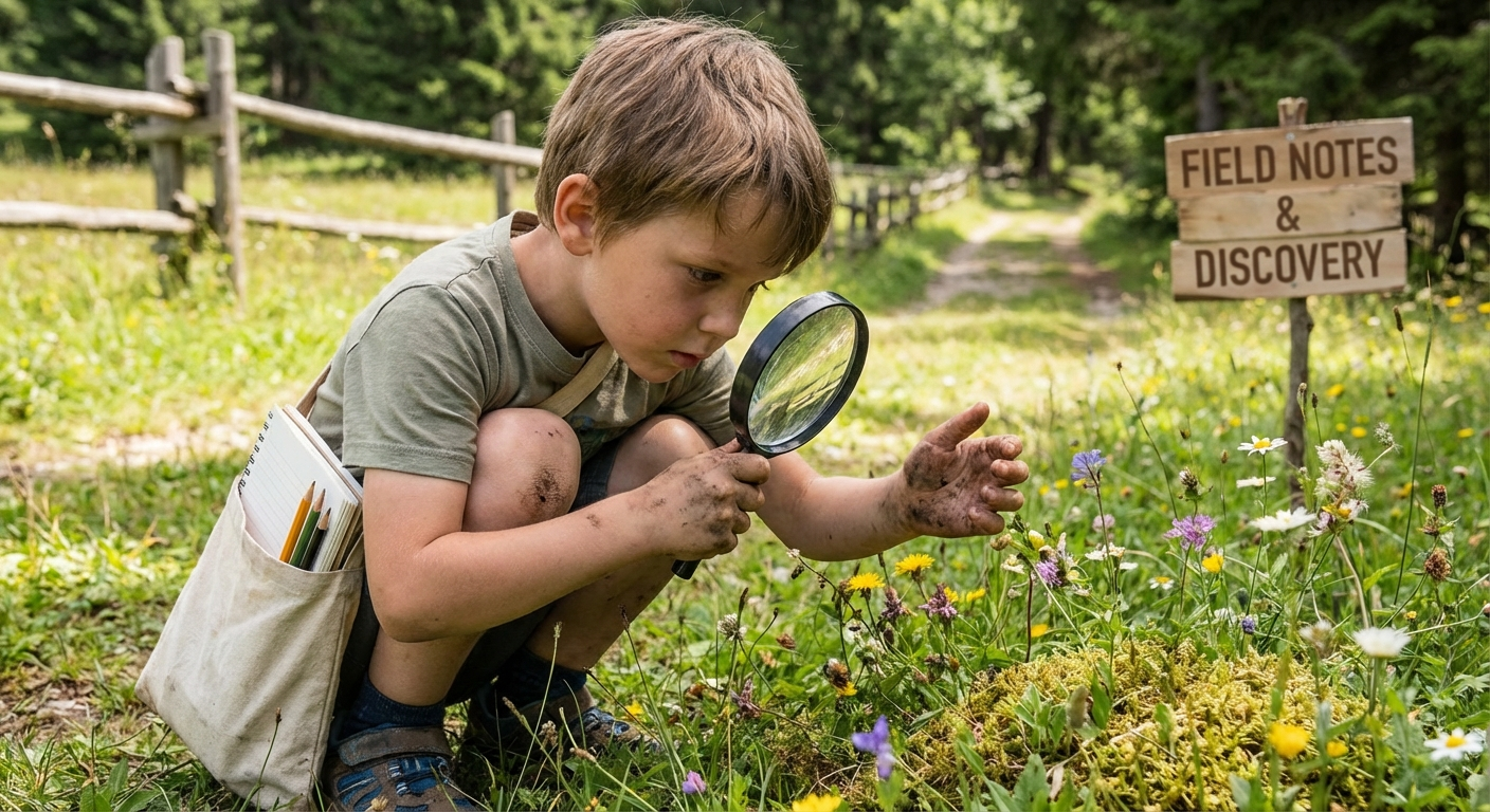 Child exploring nature independently with a magnifying glass, representing self-directed unschooling learning