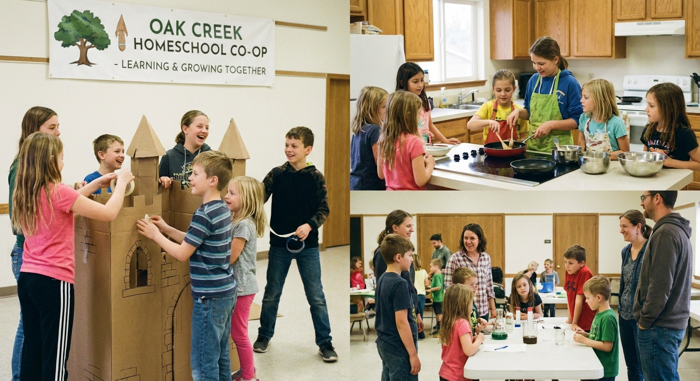 Group of homeschool children interacting at a park meetup with diverse ages playing together