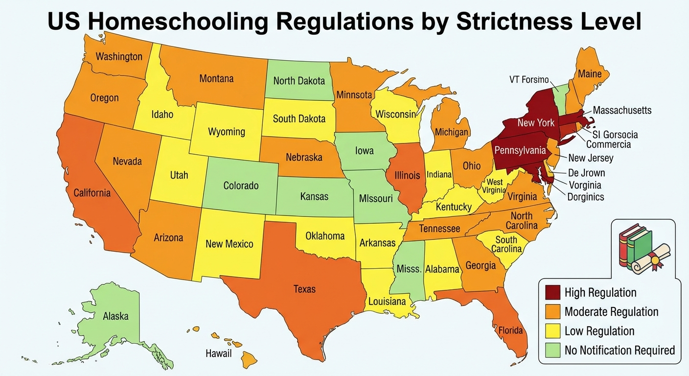 Map showing different homeschool regulation levels across U.S. states
