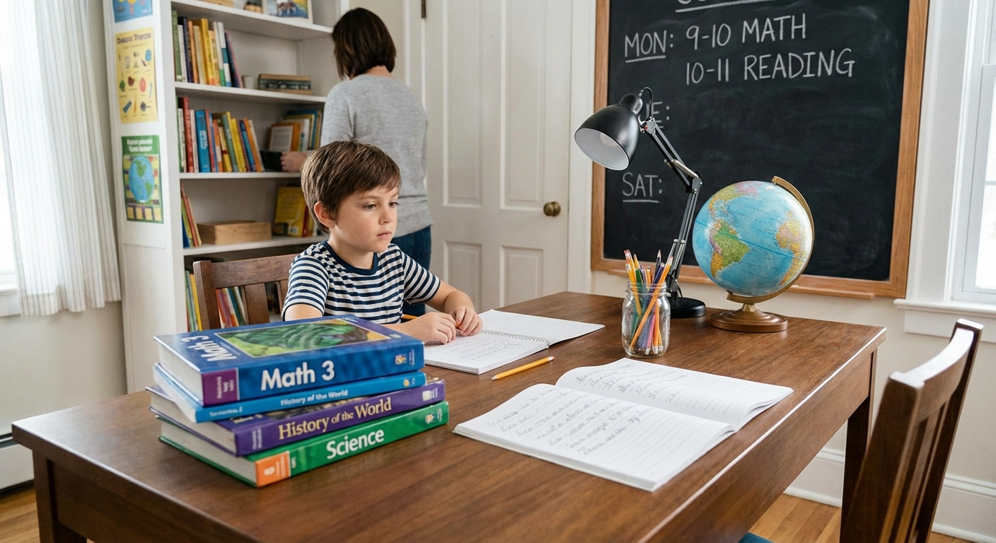 Parent and child reviewing a structured homeschool curriculum together at a well-organized desk