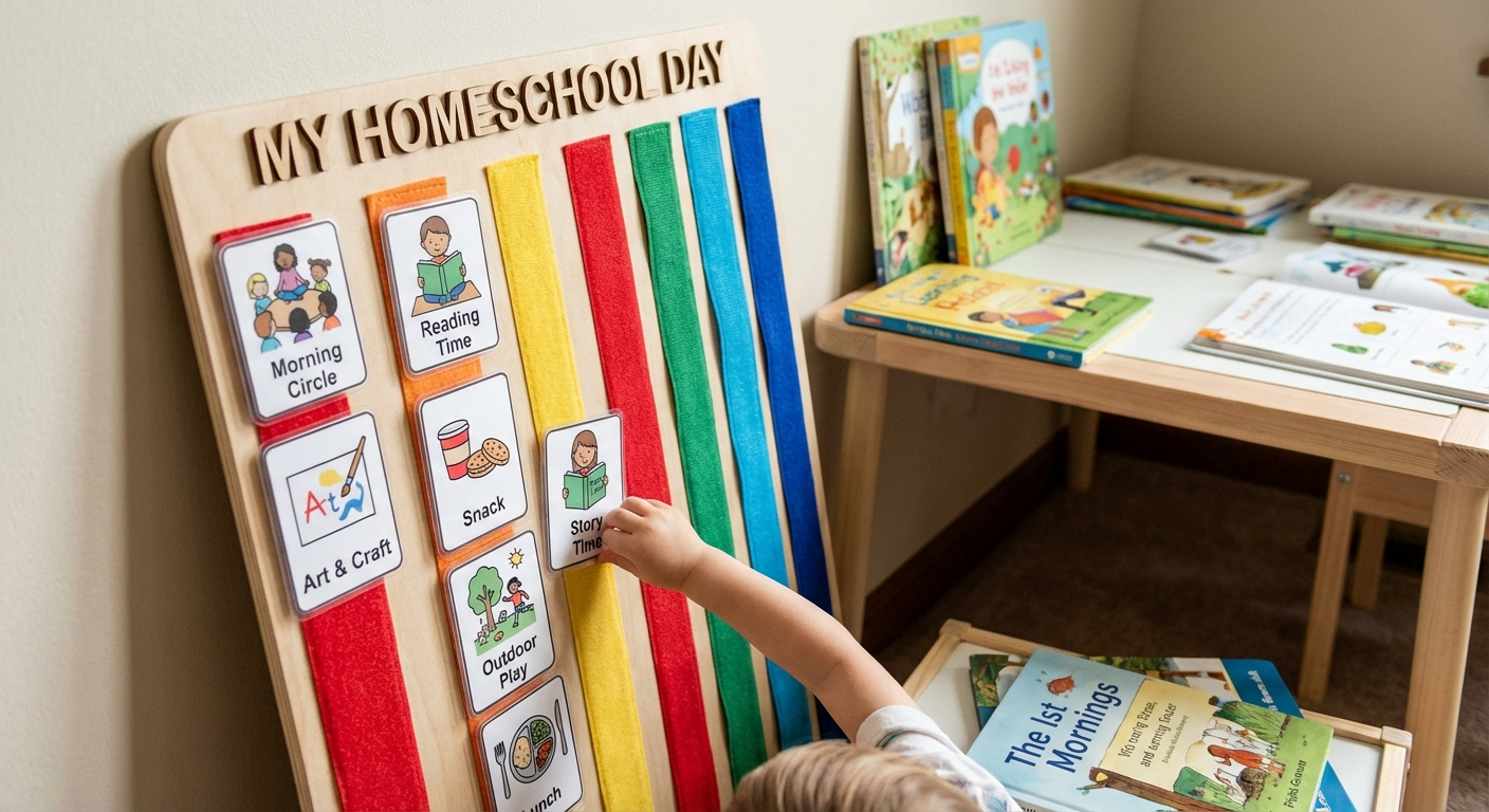 Visual schedule board with velcro cards for homeschool daily routine for young children