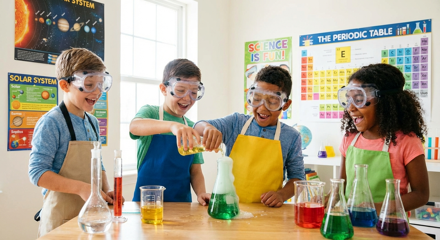 Children in a homeschool co-op science class doing a hands-on chemistry experiment together