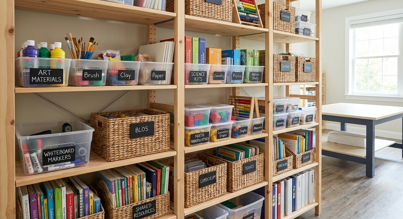 Organized shelf of homeschool co-op supplies including art materials, science kits, and shared educational resources