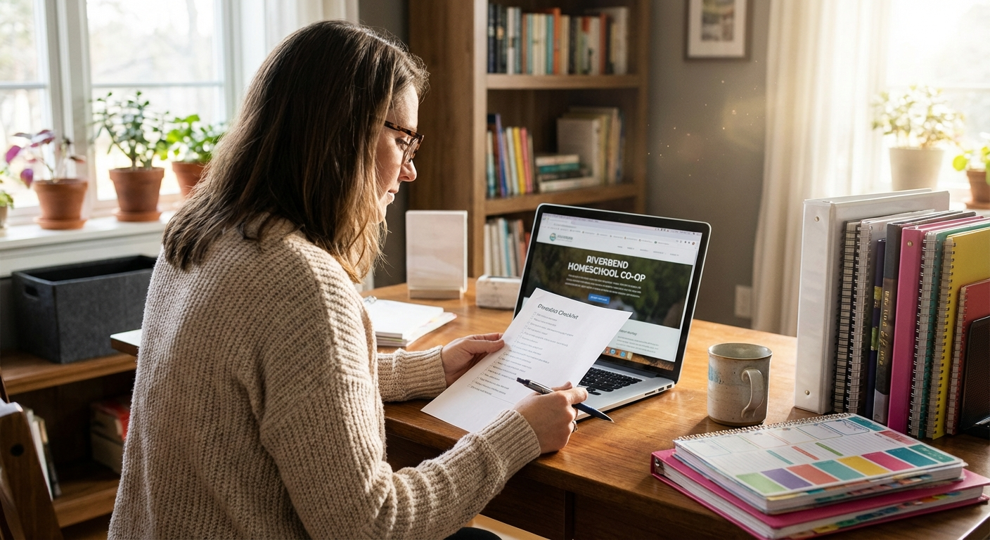 Parent reviewing co-op information on a laptop with planners and notes on a desk