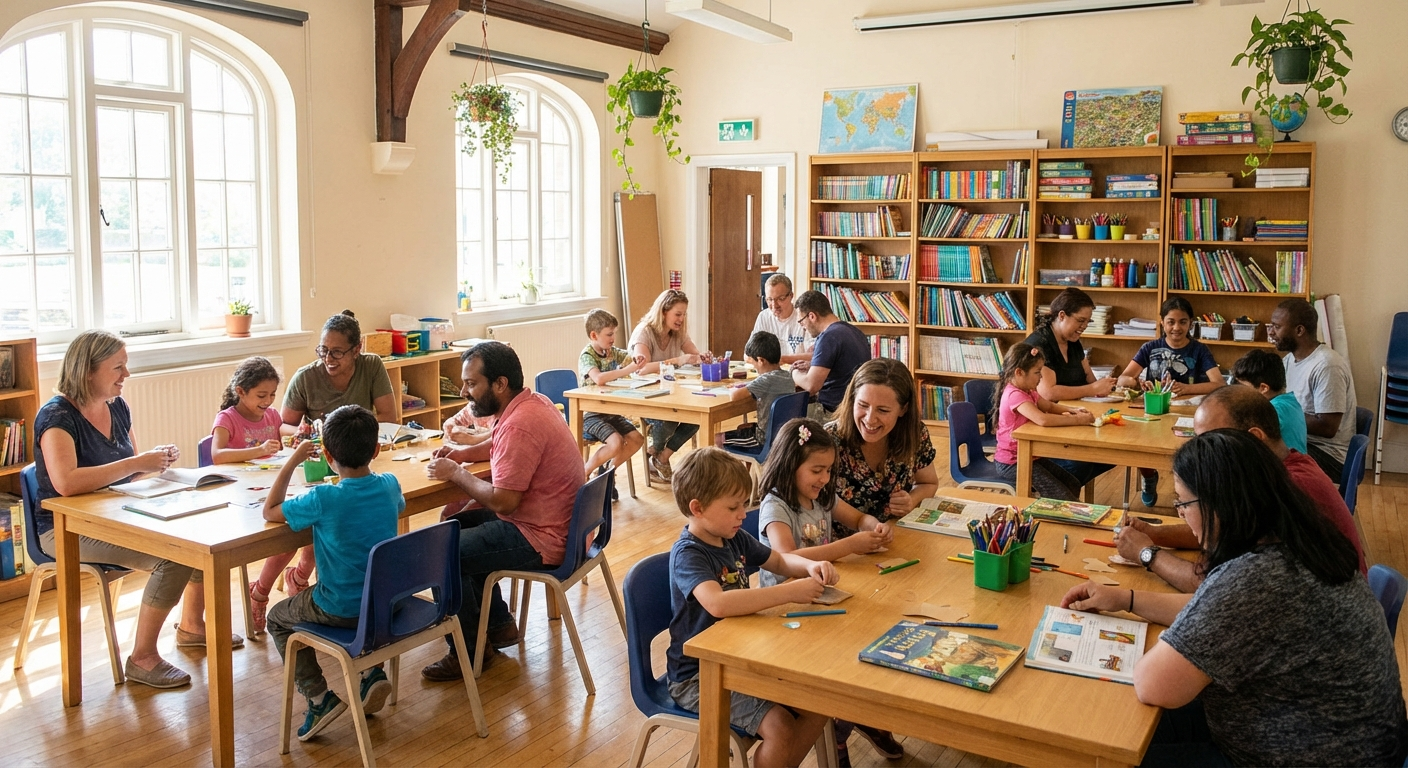 Diverse group of homeschool families gathered in a bright community center working on projects together