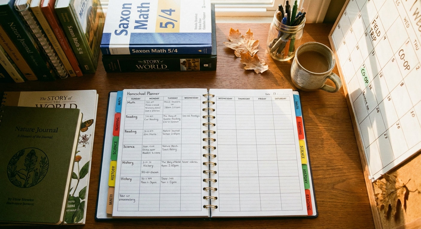 Well-organized homeschool planner open showing weekly schedule with co-op days highlighted