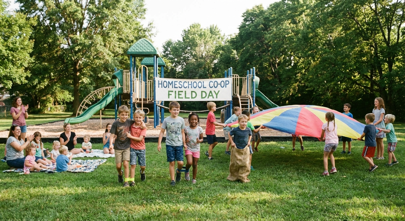 Children playing together outdoors during a homeschool co-op field day