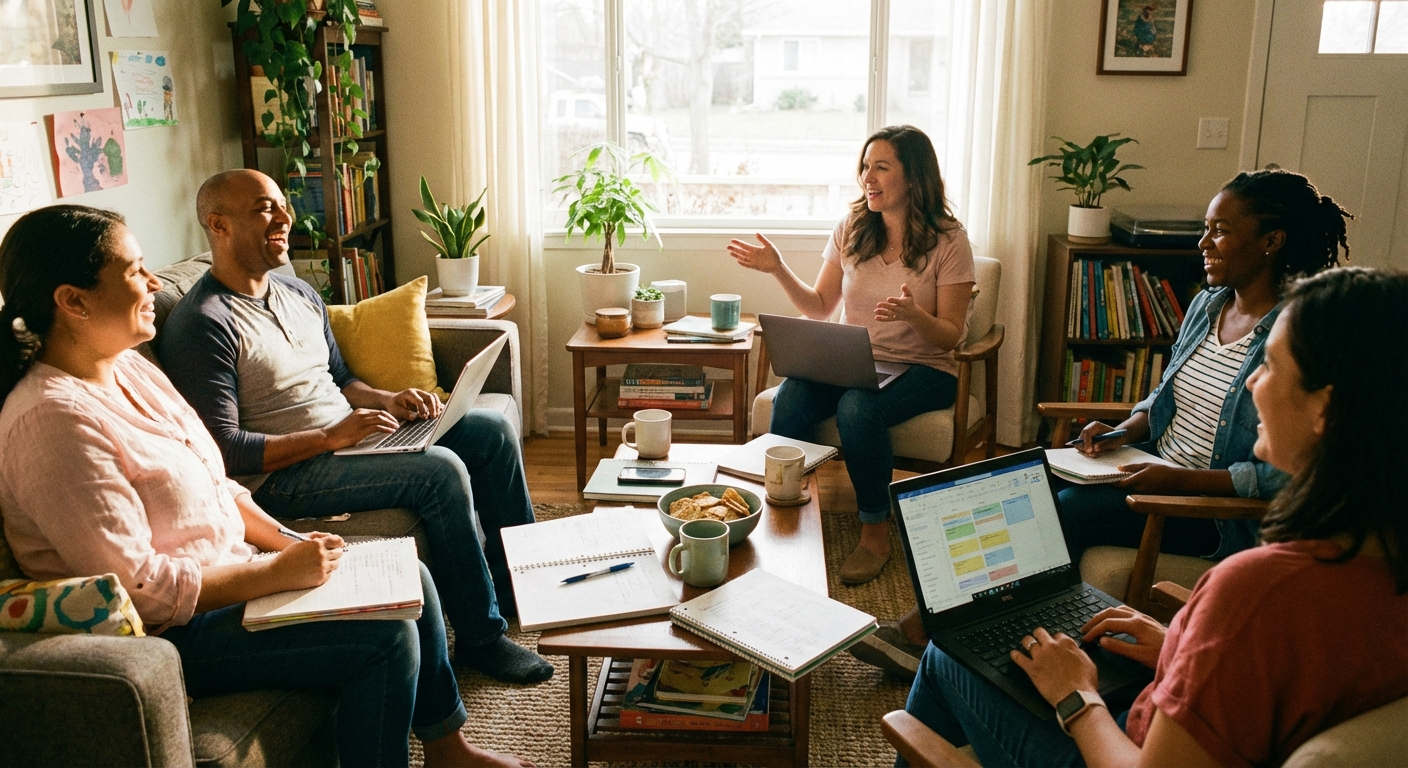 Group of homeschool parents in a planning meeting with notebooks and laptops