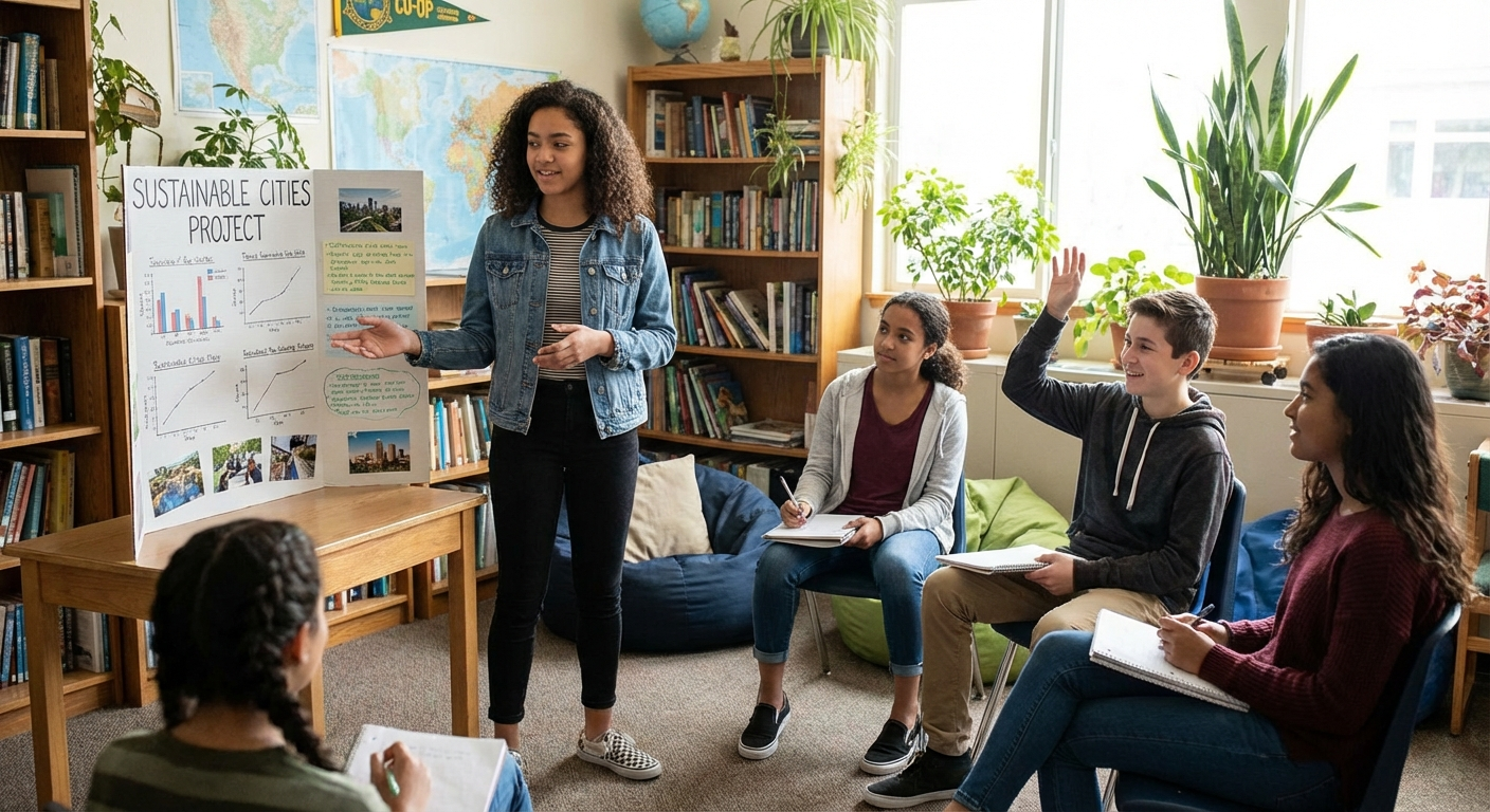 Teen homeschool student presenting a project to peers in a co-op classroom