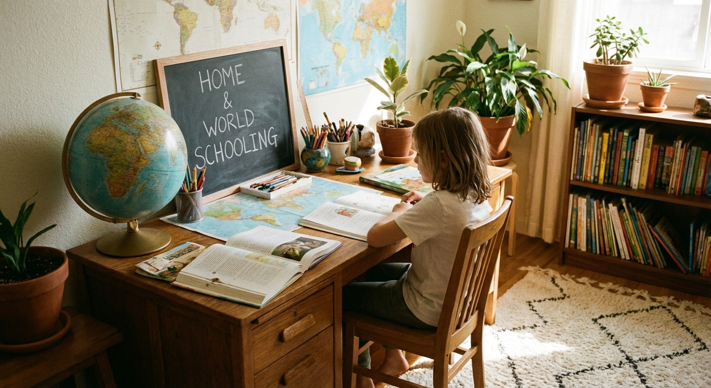 Bright preschool homeschool setup with alphabet blocks, finger paint, and colorful manipulatives on a wooden table