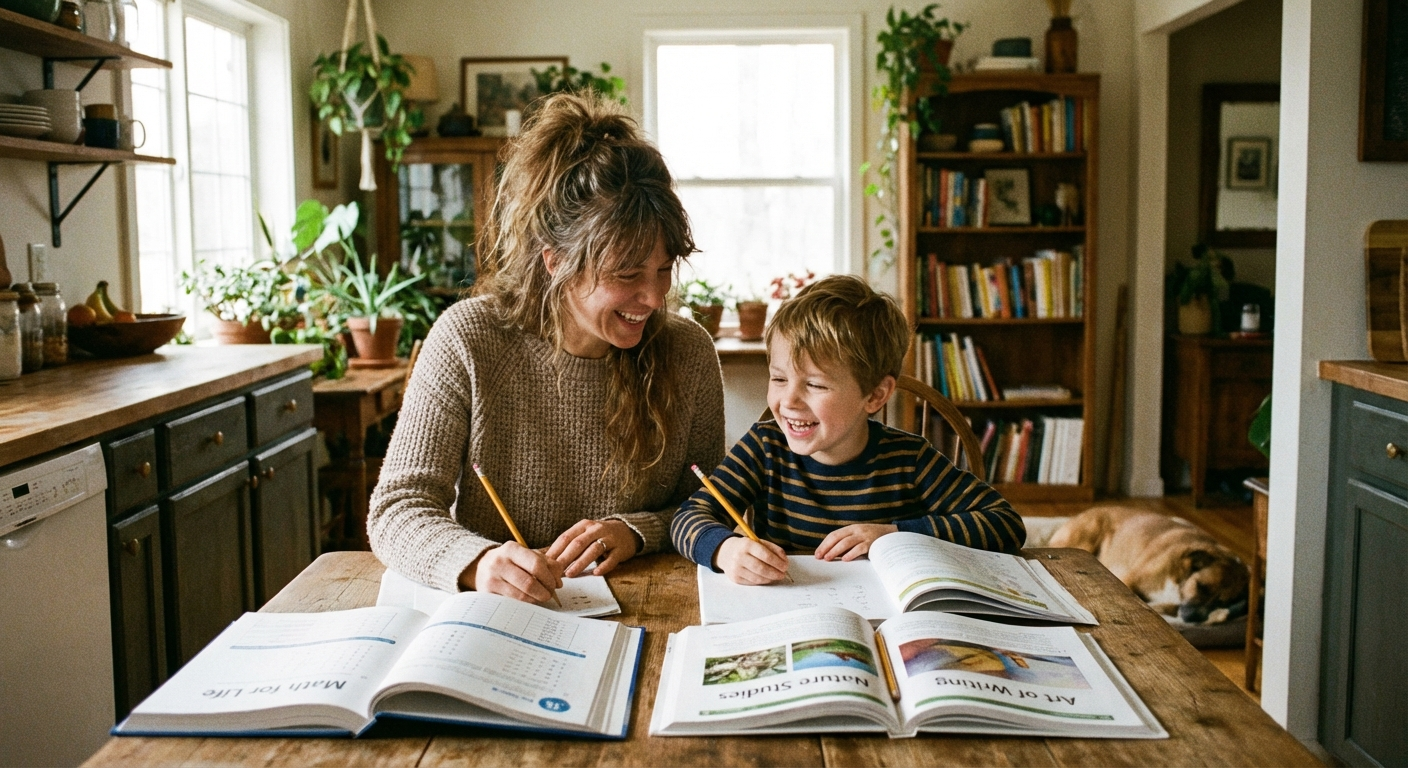 Tween student at a desk with a laptop showing an online math lesson and a physical textbook open beside it