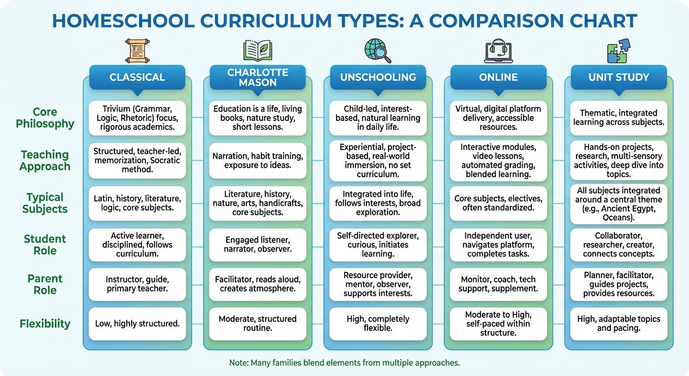 Flat lay of diverse educational materials organized by subject — microscope, math manipulatives, classic novels, history timeline, and art sketchbook